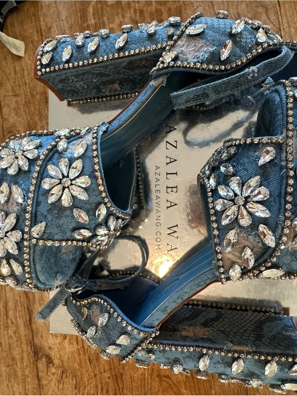 Denim Blue Crystal Floral Platform Sandals